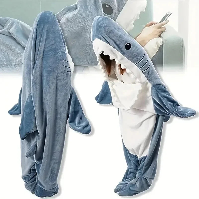 Wearable Flannel Shark Blanket Poncho For Women