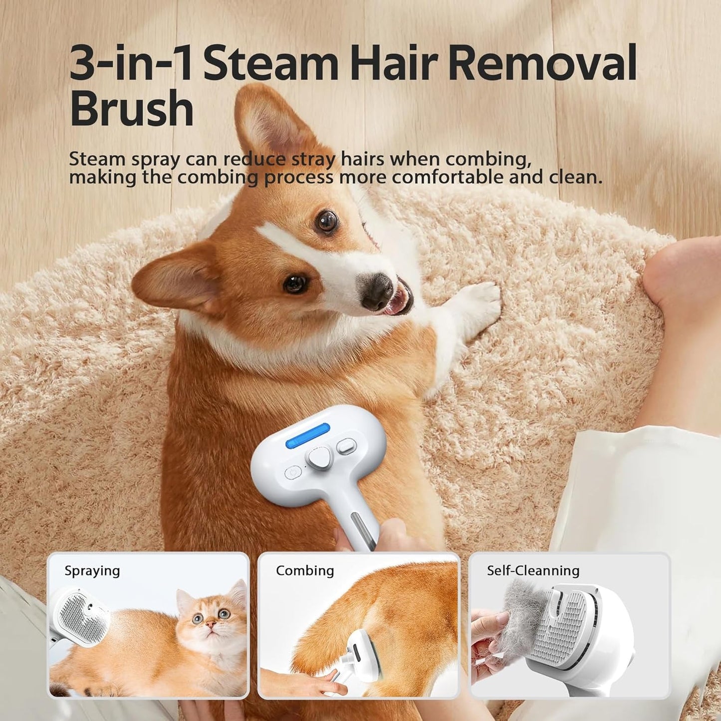 Self-Cleaning Spray Brush for Cats with One-Touch Hair Removal Design, Durable and Lightweight ABS Material