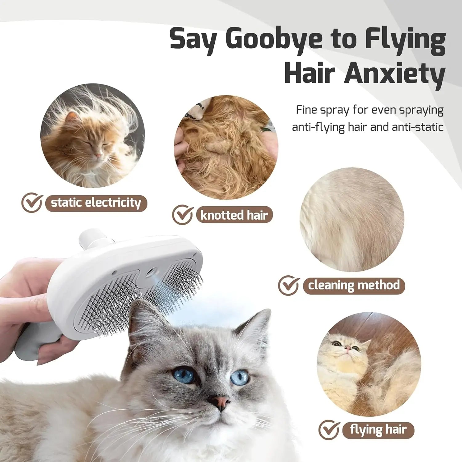 Self-Cleaning Spray Brush for Cats with One-Touch Hair Removal Design, Durable and Lightweight ABS Material