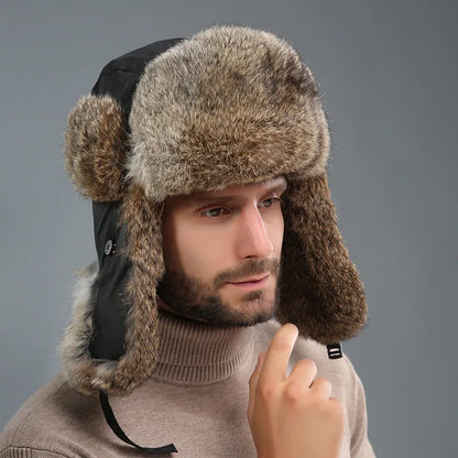 Unisex Windproof Real Rabbit Fur Bomber Hat