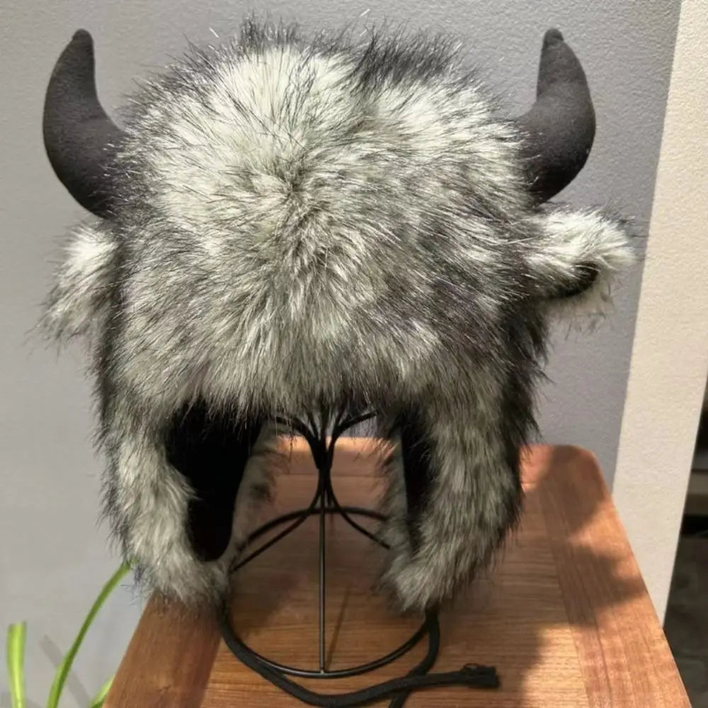Fluffy Unisex Bullhead Bomber Hat With Horns