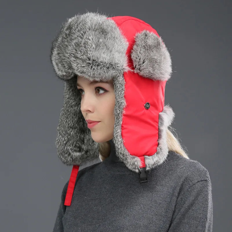 Unisex Windproof Real Rabbit Fur Bomber Hat