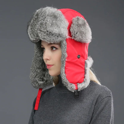 Unisex Windproof Real Rabbit Fur Bomber Hat