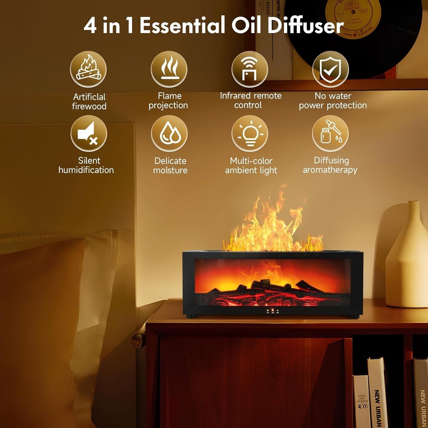 Simulated Flame Aromatherapy Diffuser and Air Humidifier with Timer, Essential oil diffusion