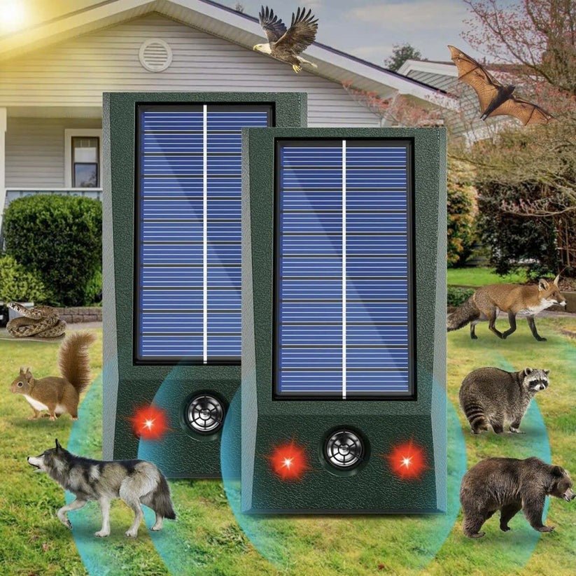 Solar Ultrasonic Animal Repeller for Outdoor Use with LED Flashing Light and Waterproof Design