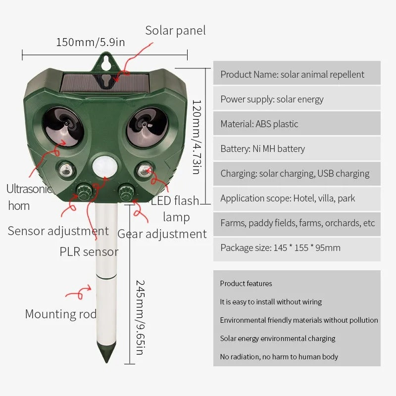Solar Ultrasonic Bird Repeller For Garden Pest Control