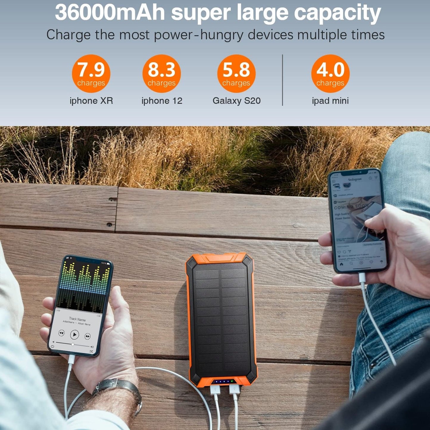Solar Charger Power Bank With 20000mAh, USB & Wireless Charging, Weather-Resistant