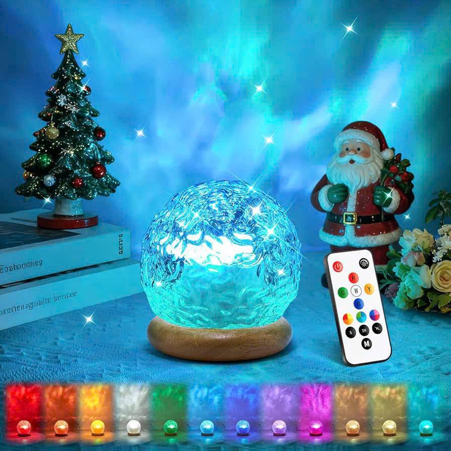 Sphere Style Crystal Ocean Wave Projector Lamp with Wooden Base, Remote Control, and Inline Switch