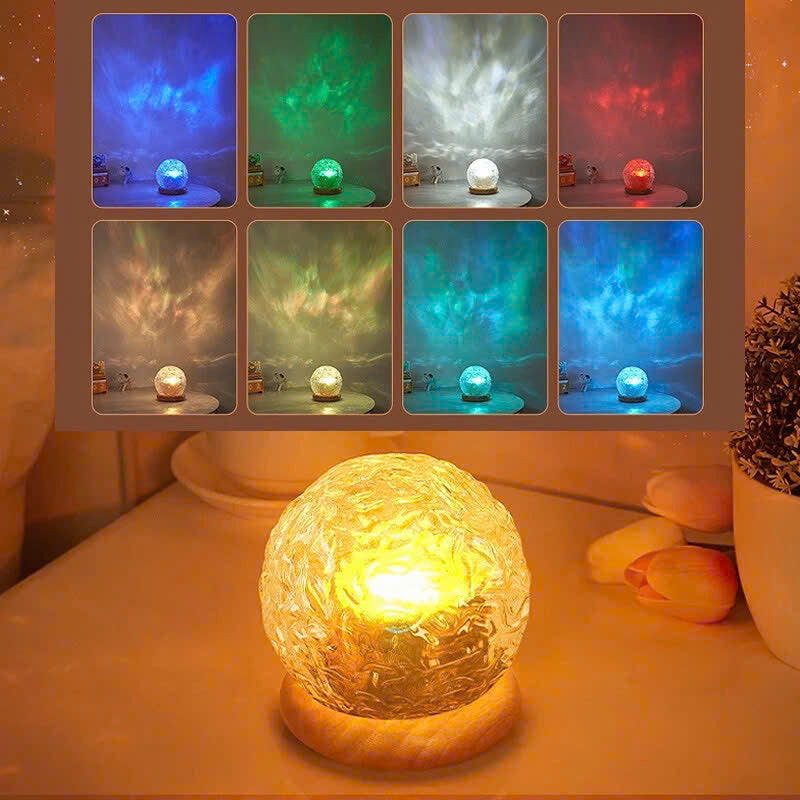 Sphere Style Crystal Ocean Wave Projector Lamp with Wooden Base, Remote Control, and Inline Switch