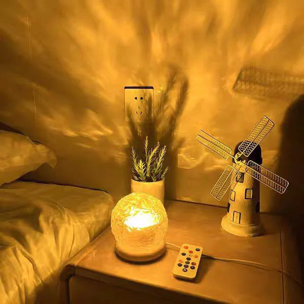 Sphere Style Crystal Ocean Wave Projector Lamp with Wooden Base, Remote Control, and Inline Switch