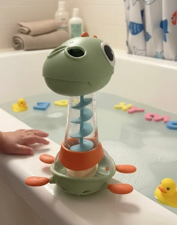 Spiraling Dino Shower Toy with Multi-hole Showerhead and Dual Water Inlets, Safe for Ages 18+ Months