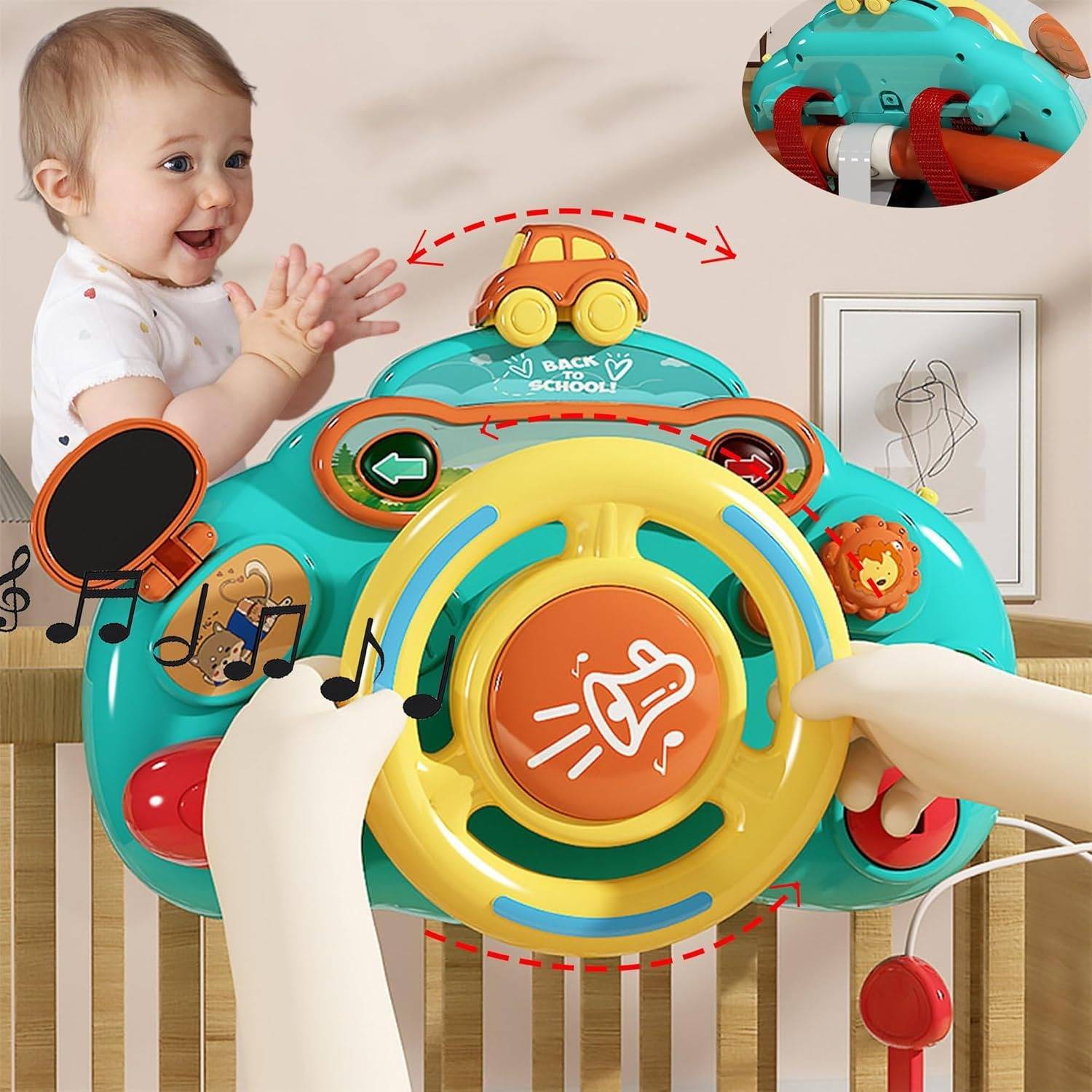 Steering Wheel Toy with Sound, Lights, and Secure Strap – Safe for Ages 18+ Months