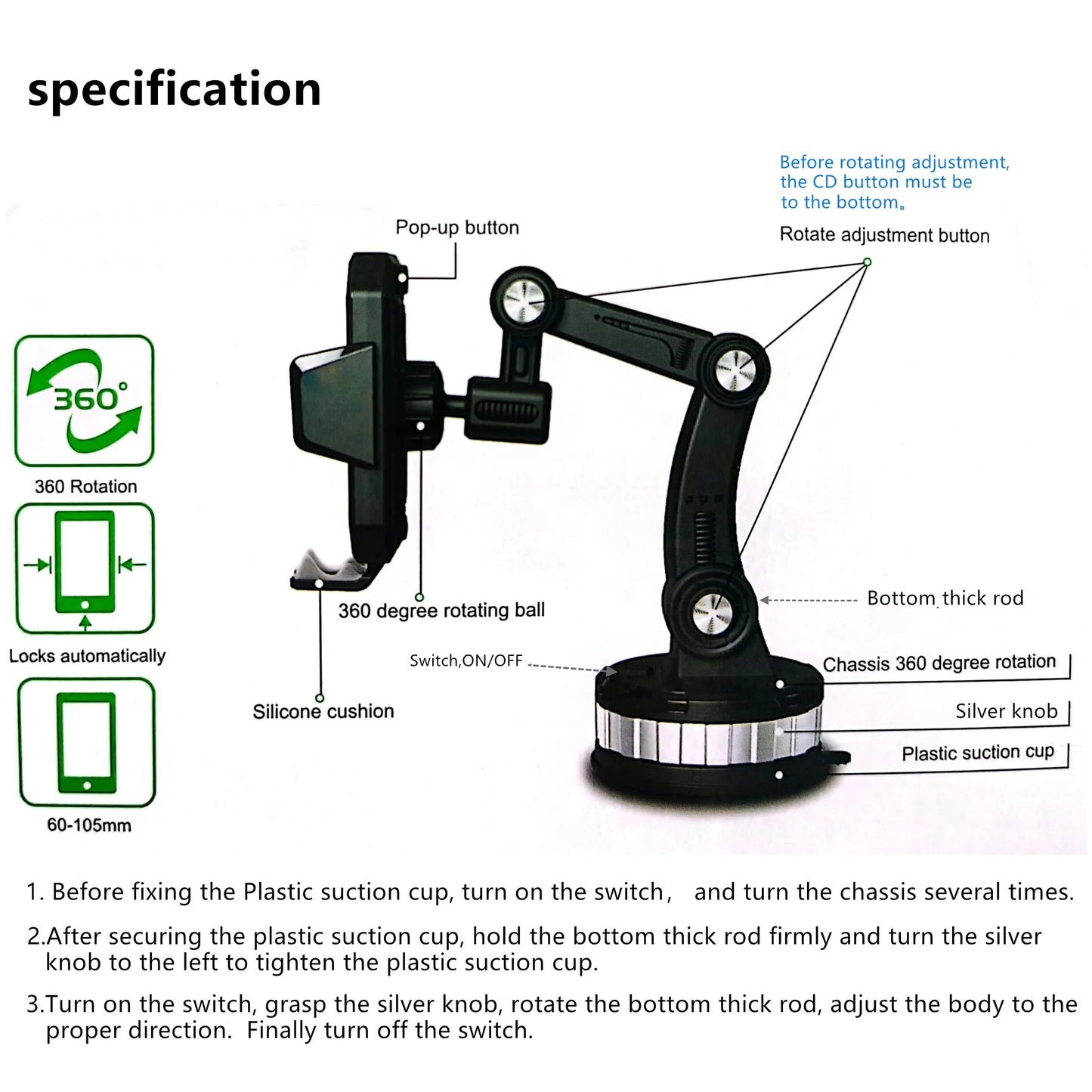 Strong Suction Car Phone Holder with Suction Cup, 360° Rotation, Safe Materials and Easy Operation