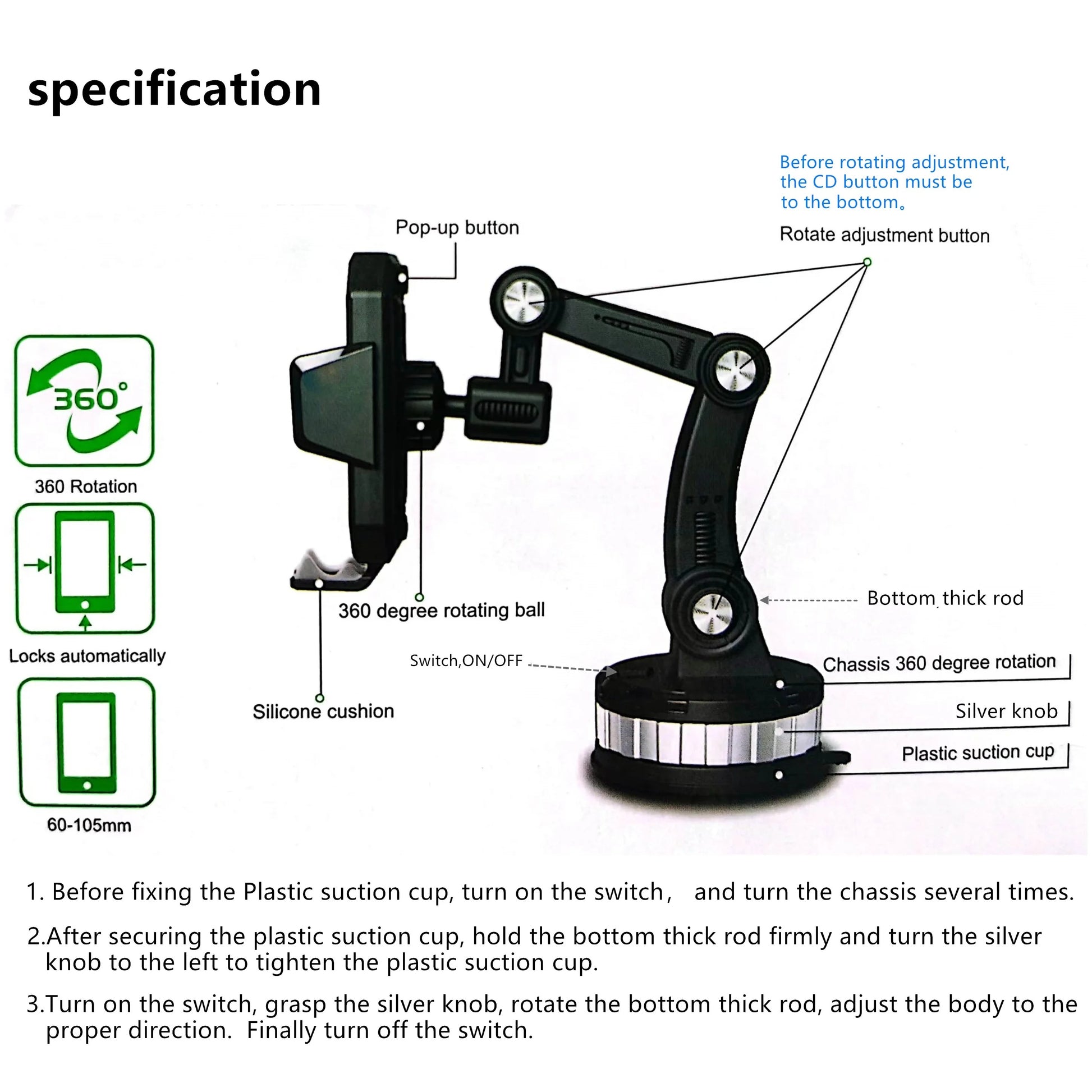 Strong Suction Car Phone Holder with Suction Cup, 360° Rotation, Safe Materials and Easy Operation