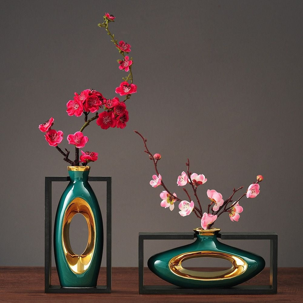 Style Ceramic Vase with Wooden Frame for Modern Home Decor