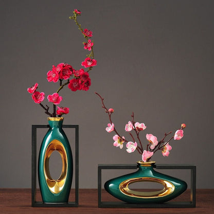 Style Ceramic Vase with Wooden Frame for Modern Home Decor