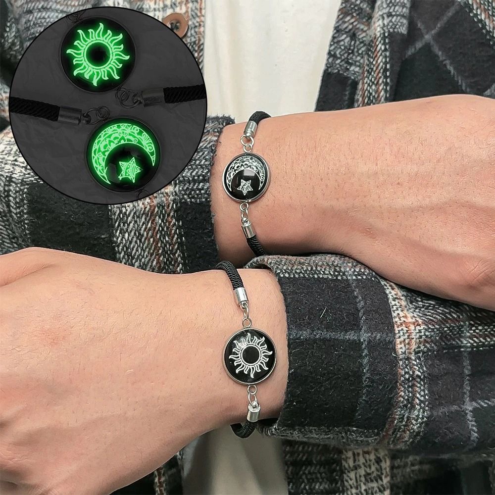 Sun & Moon Bracelets With Adjustable Unisex Stainless Steel Jewelry 2-Pack Luminous Couples Jewelry for Long-Distance Love