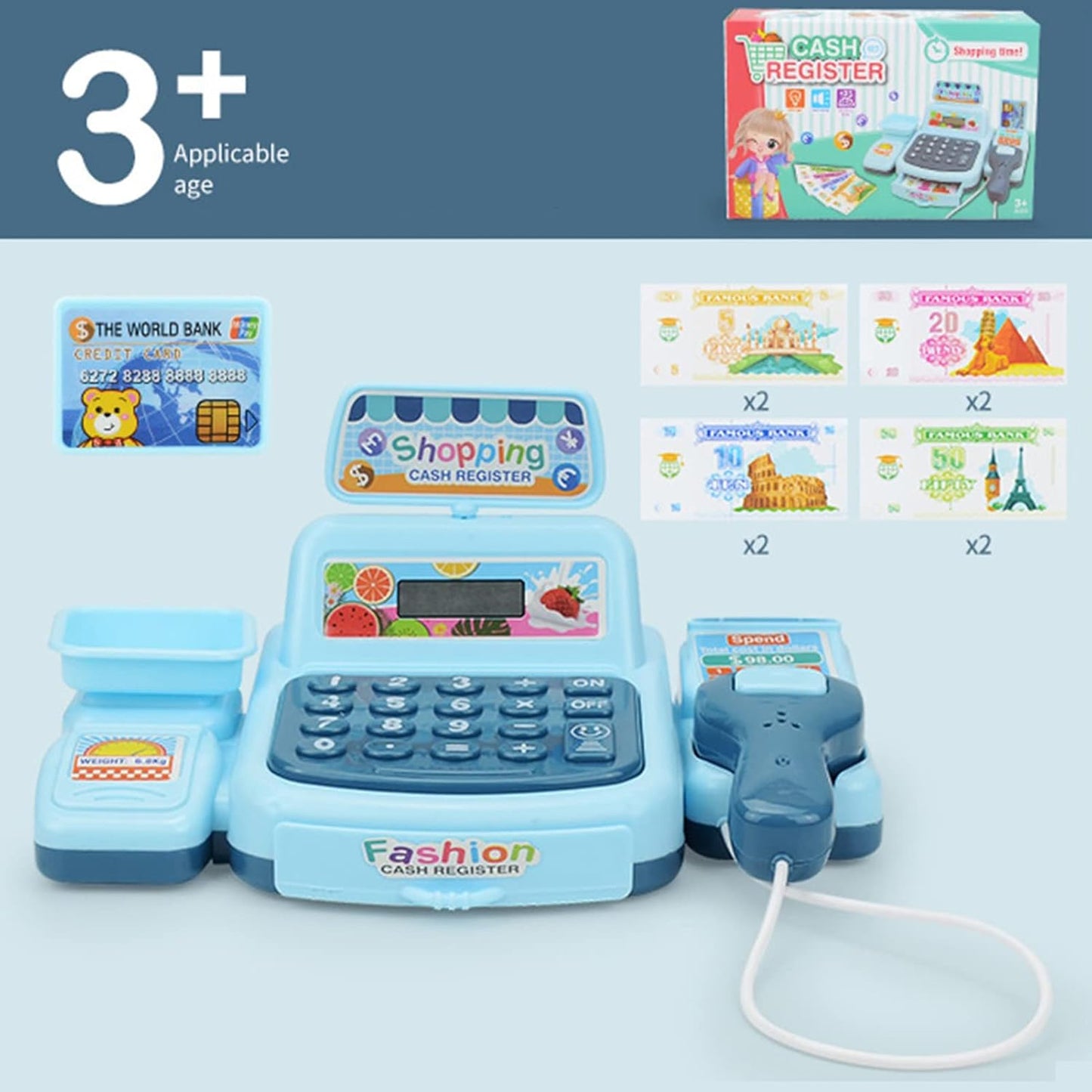 Supermarket Cash Register Toy with Sound and Light, Compact, Portable, Safe for Ages 3+