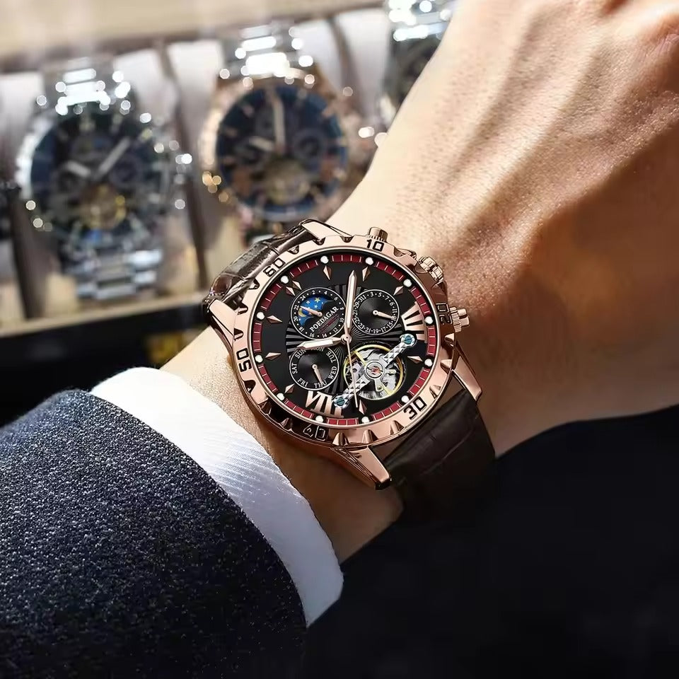 Swiss Brand New Waterproof Automatic Mechanical Watches with Hollow Tourbillon Movement, Skeleton Dial Design