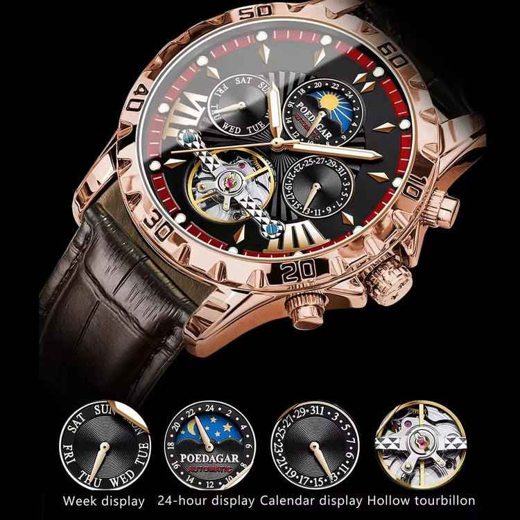 Swiss Brand New Waterproof Automatic Mechanical Watches with Hollow Tourbillon Movement, Skeleton Dial Design