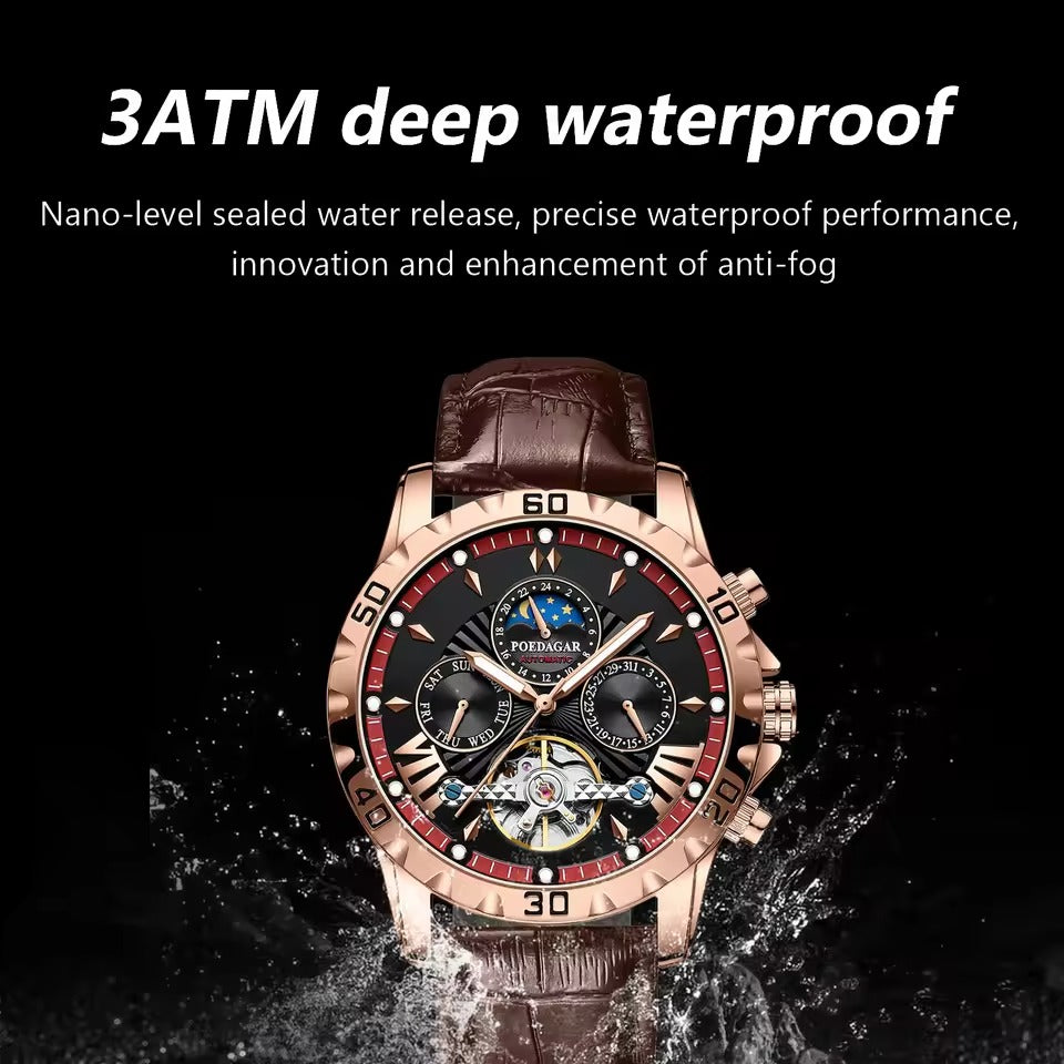 Swiss Brand New Waterproof Automatic Mechanical Watches with Hollow Tourbillon Movement, Skeleton Dial Design