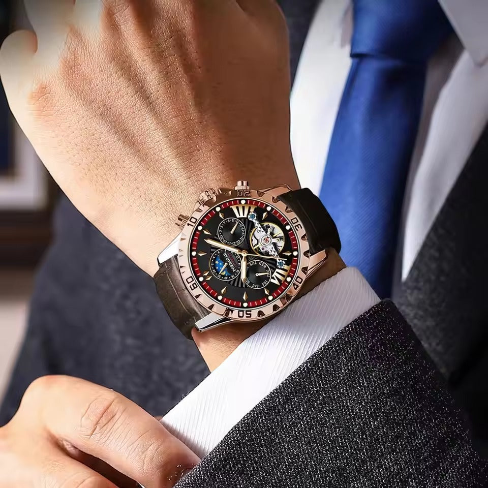 Swiss Brand New Waterproof Automatic Mechanical Watches with Hollow Tourbillon Movement, Skeleton Dial Design