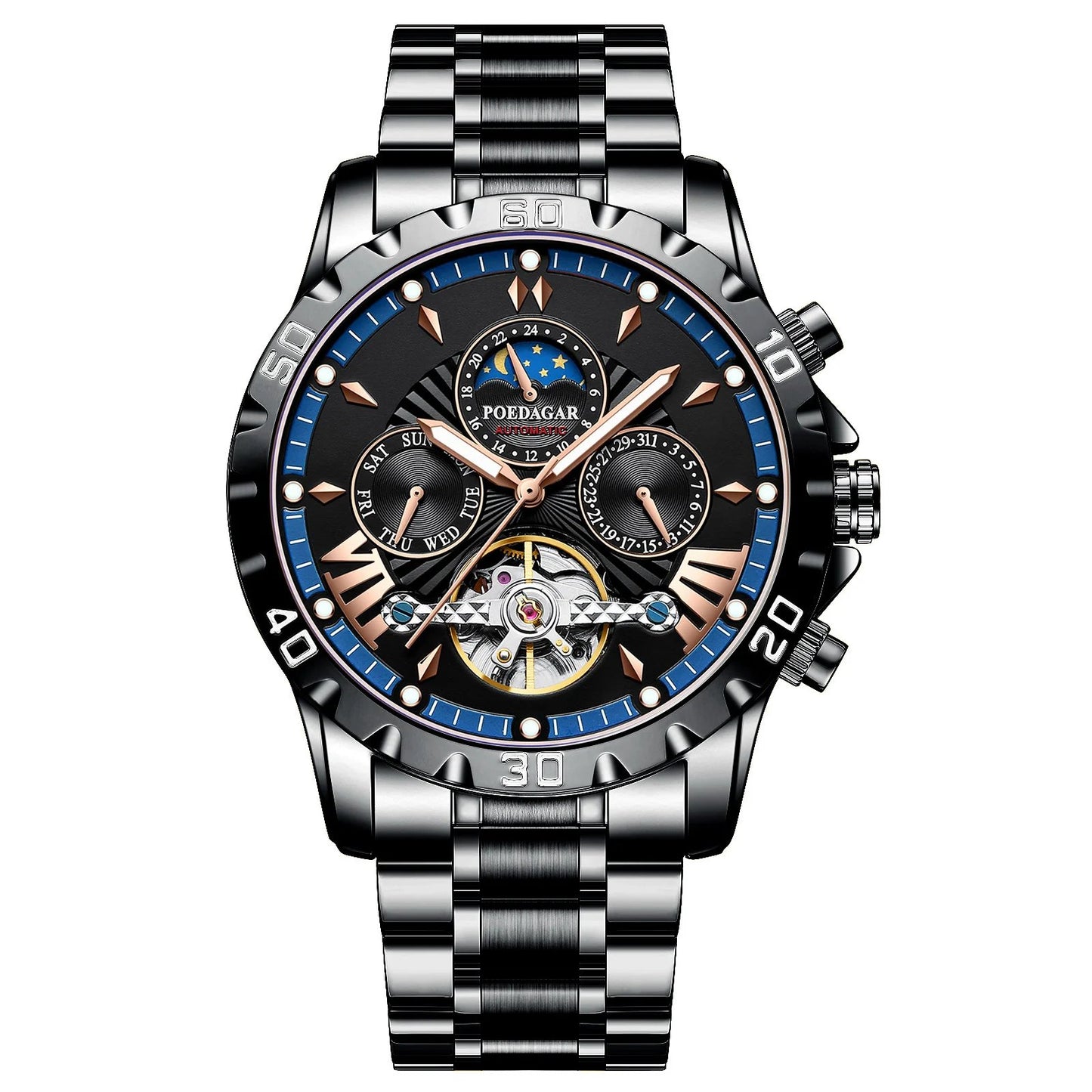 Swiss Brand New Waterproof Automatic Mechanical Watches with Hollow Tourbillon Movement, Skeleton Dial Design
