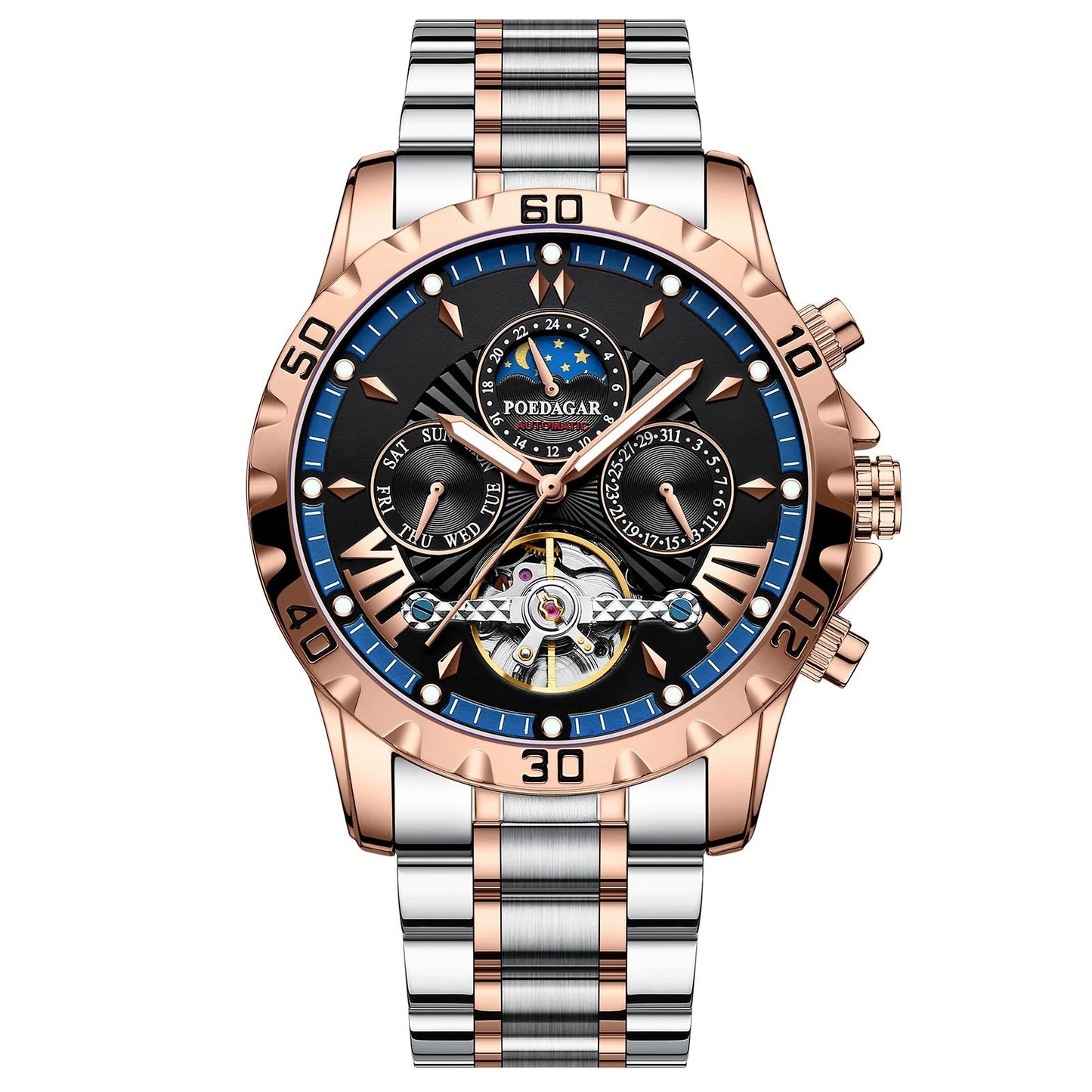 Swiss Brand New Waterproof Automatic Mechanical Watches with Hollow Tourbillon Movement, Skeleton Dial Design
