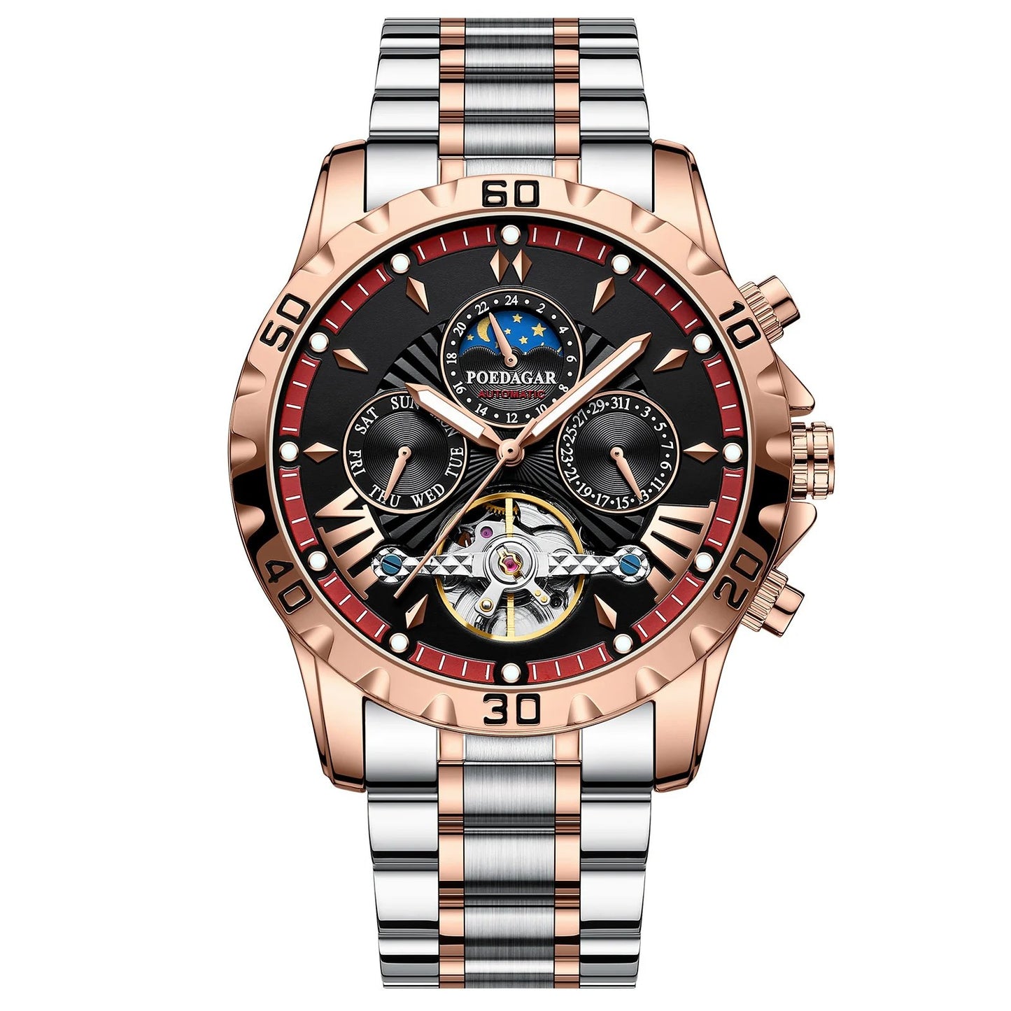 Swiss Brand New Waterproof Automatic Mechanical Watches with Hollow Tourbillon Movement, Skeleton Dial Design