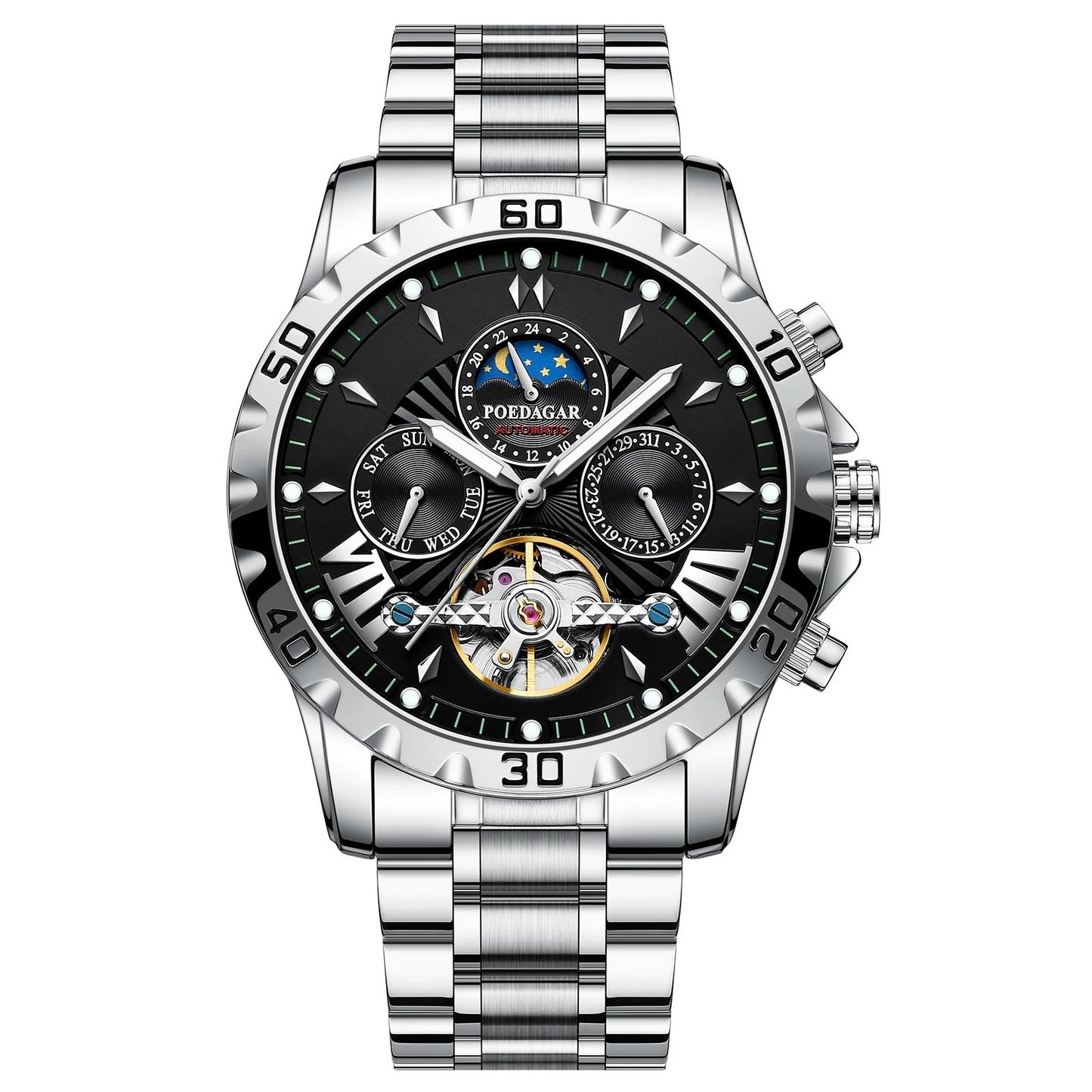 Swiss Brand New Waterproof Automatic Mechanical Watches with Hollow Tourbillon Movement, Skeleton Dial Design