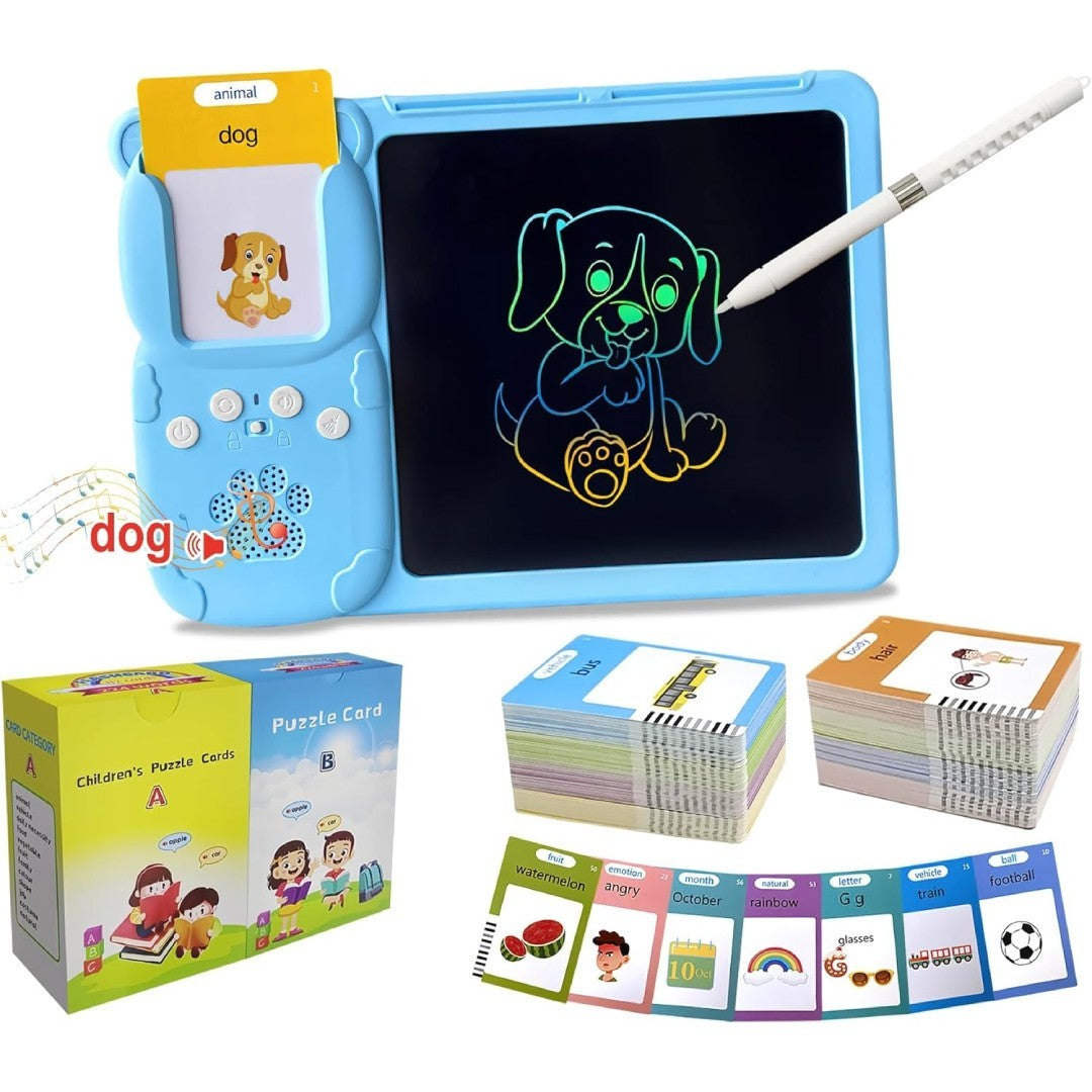 Talking Flash Cards with LCD Writing Drawing Tablet, Montessori Speech Therapy Learning Toy, Safe for Kids 2+