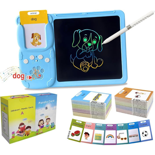 Talking Flash Cards with LCD Writing Drawing Tablet, Montessori Speech Therapy Learning Toy, Safe for Kids 2+