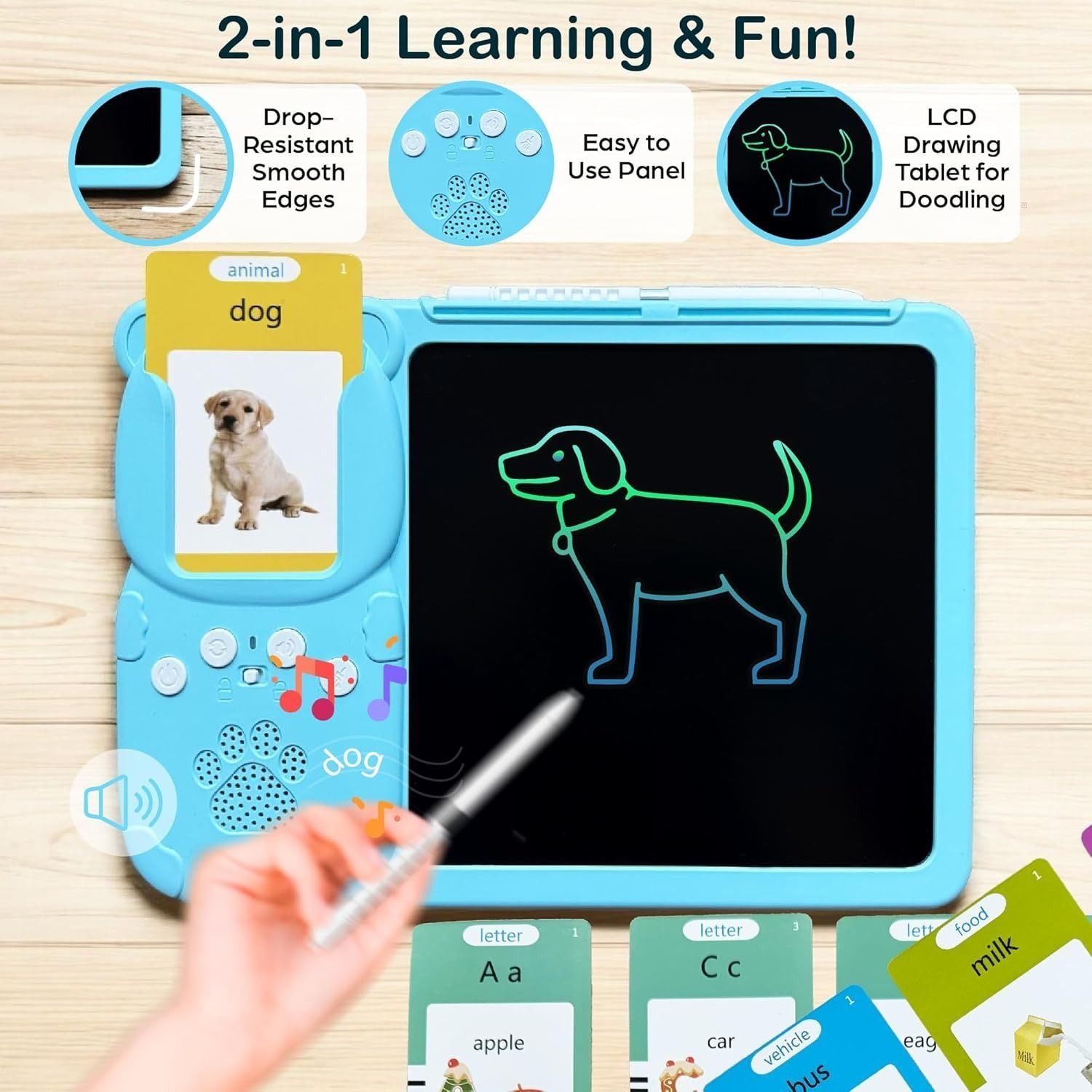 Talking Flash Cards with LCD Writing Drawing Tablet, Montessori Speech Therapy Learning Toy, Safe for Kids 2+