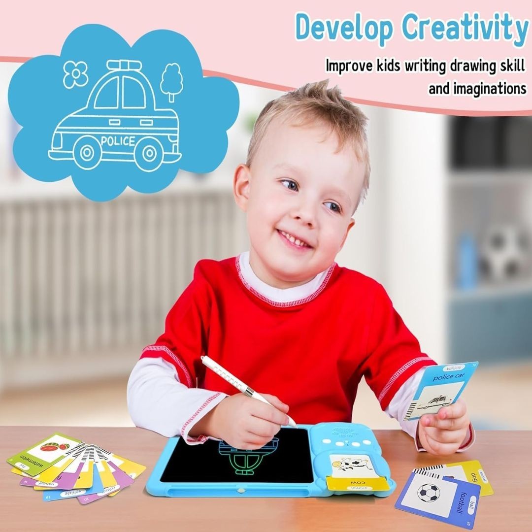 Talking Flash Cards with LCD Writing Drawing Tablet, Montessori Speech Therapy Learning Toy, Safe for Kids 2+