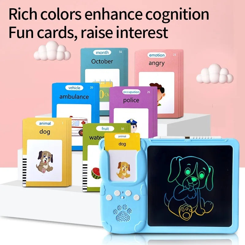 Talking Flash Cards with LCD Writing Drawing Tablet, Montessori Speech Therapy Learning Toy, Safe for Kids 2+