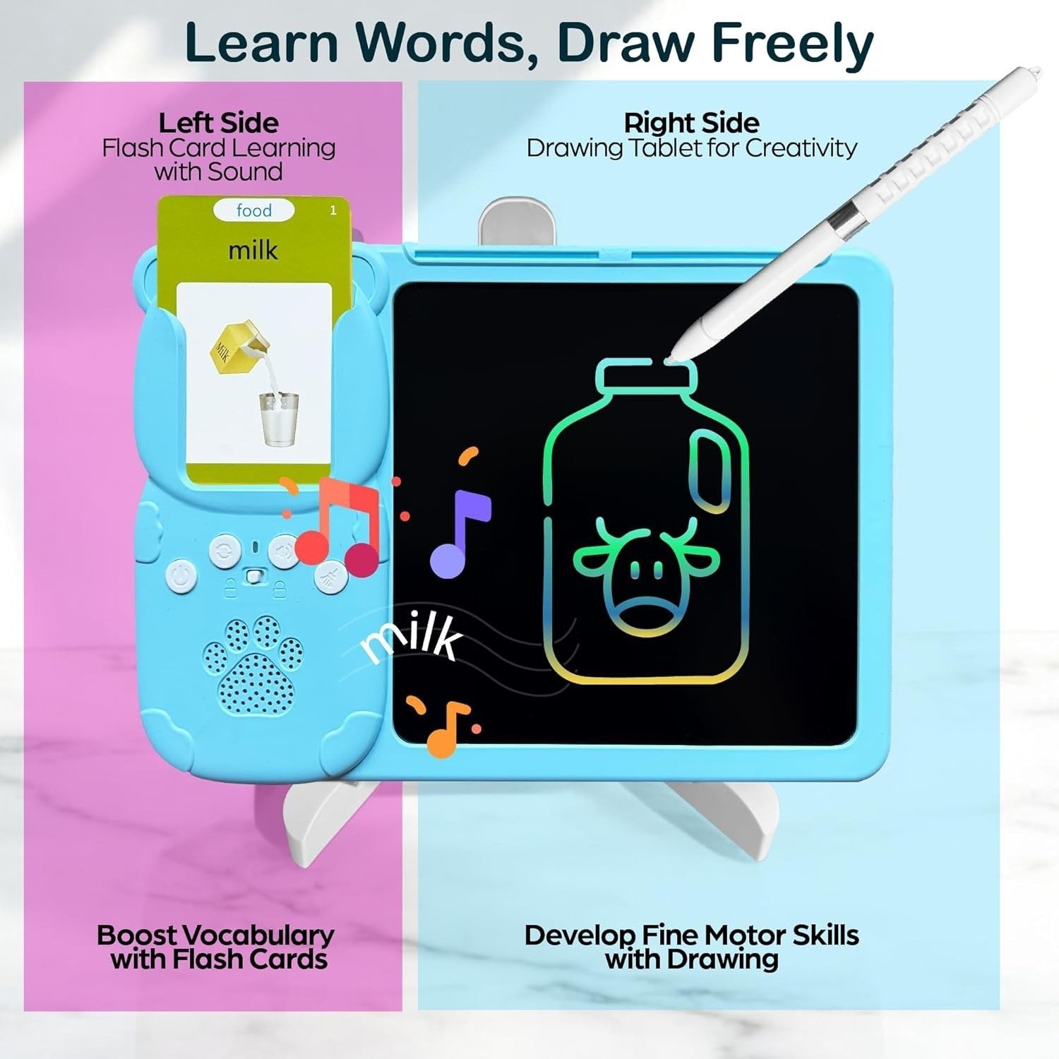 Talking Flash Cards with LCD Writing Drawing Tablet, Montessori Speech Therapy Learning Toy, Safe for Kids 2+