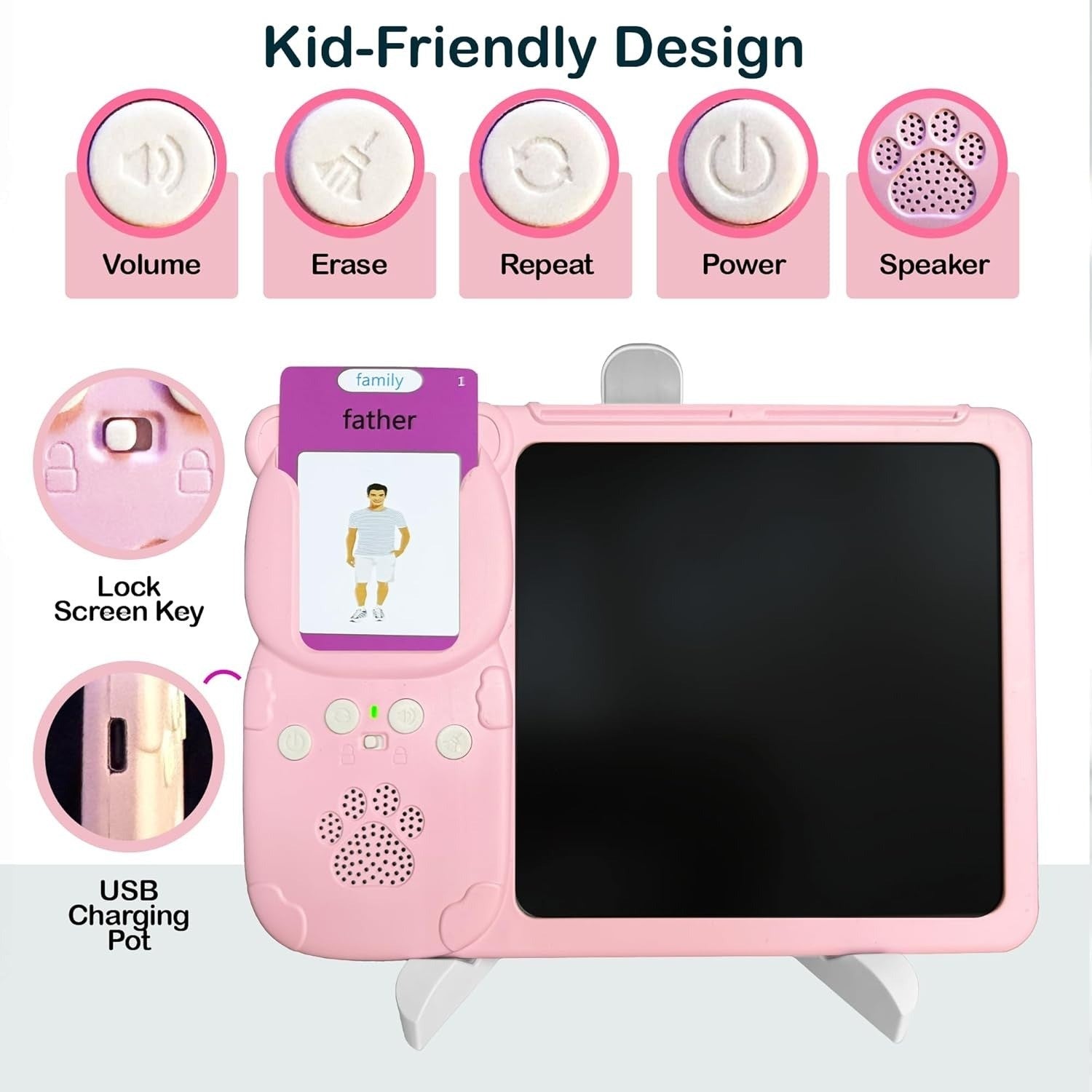 Talking Flash Cards with LCD Writing Drawing Tablet, Montessori Speech Therapy Learning Toy, Safe for Kids 2+