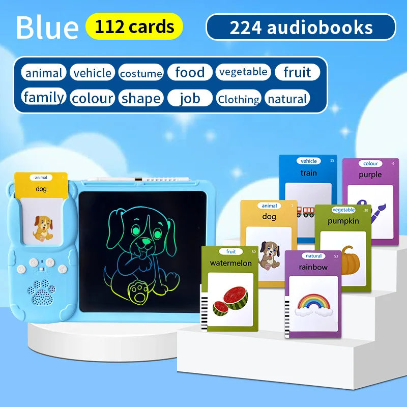 Talking Flash Cards with LCD Writing Drawing Tablet, Montessori Speech Therapy Learning Toy, Safe for Kids 2+