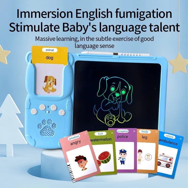 Talking Flash Cards with LCD Writing Drawing Tablet, Montessori Speech Therapy Learning Toy, Safe for Kids 2+