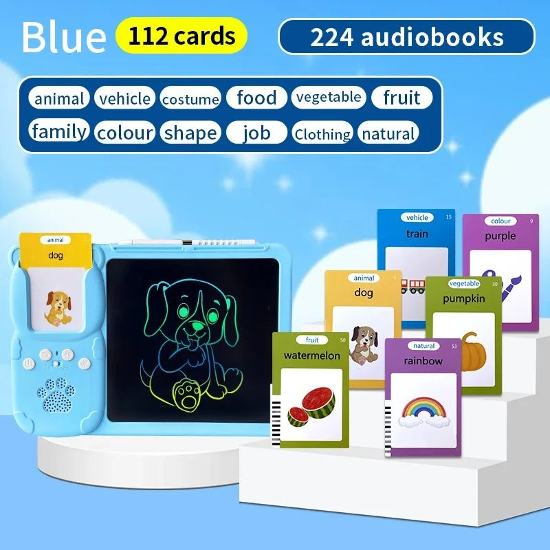Talking Flash Cards with LCD Writing Drawing Tablet, Montessori Speech Therapy Learning Toy, Safe for Kids 2+