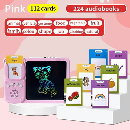 Talking Flash Cards with LCD Writing Drawing Tablet, Montessori Speech Therapy Learning Toy, Safe for Kids 2+