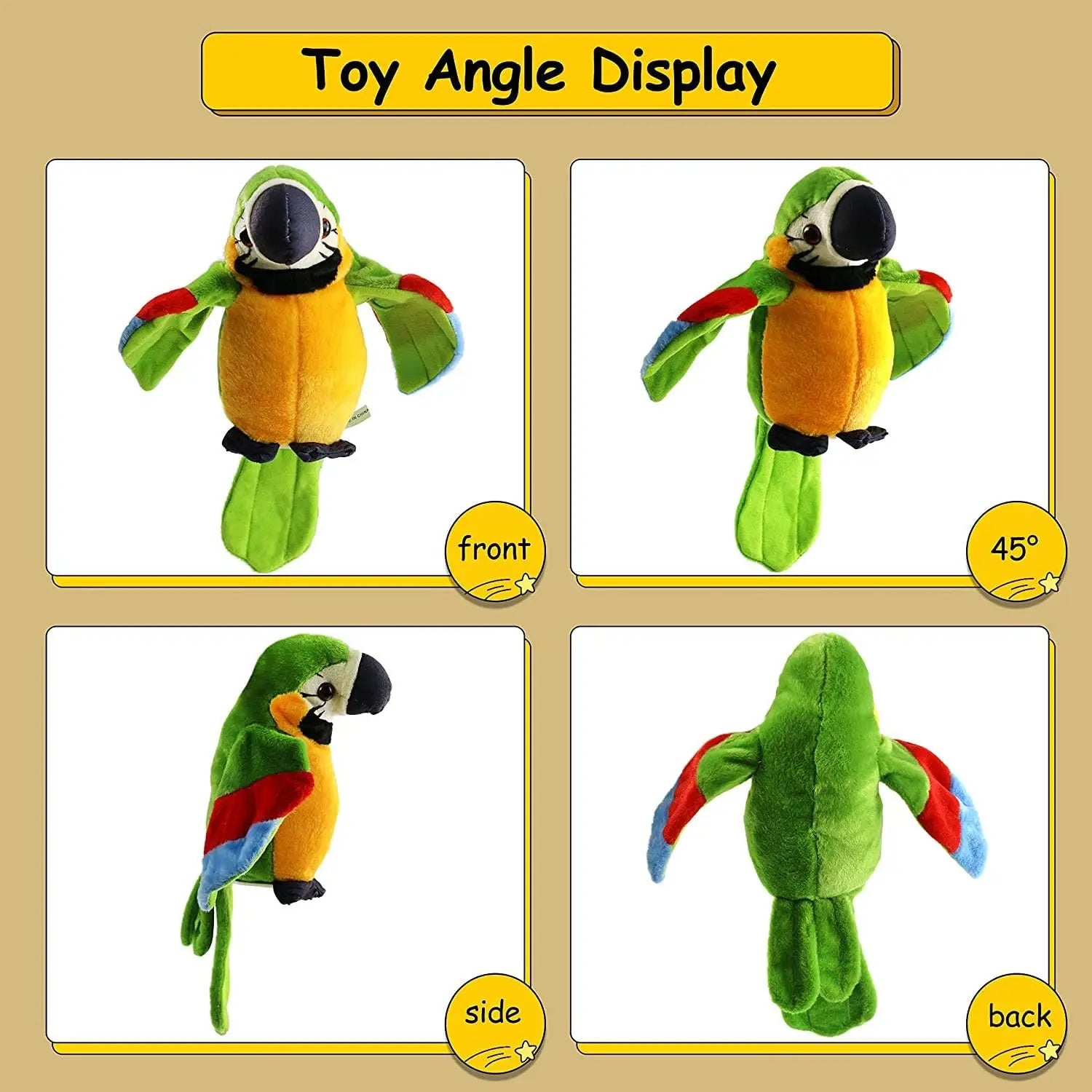 Talking Parrot Toy With Soft Cotton, Moves & Talks, Plush Bird Toy, Safe for 3+