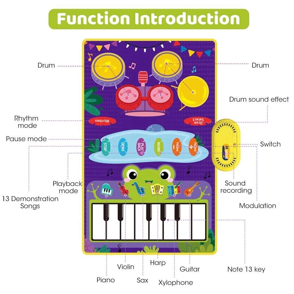 Toddler Musical Piano Mat with Various Animal & Instrument Sounds, Recording, Demo Songs – Safe for Ages 3+