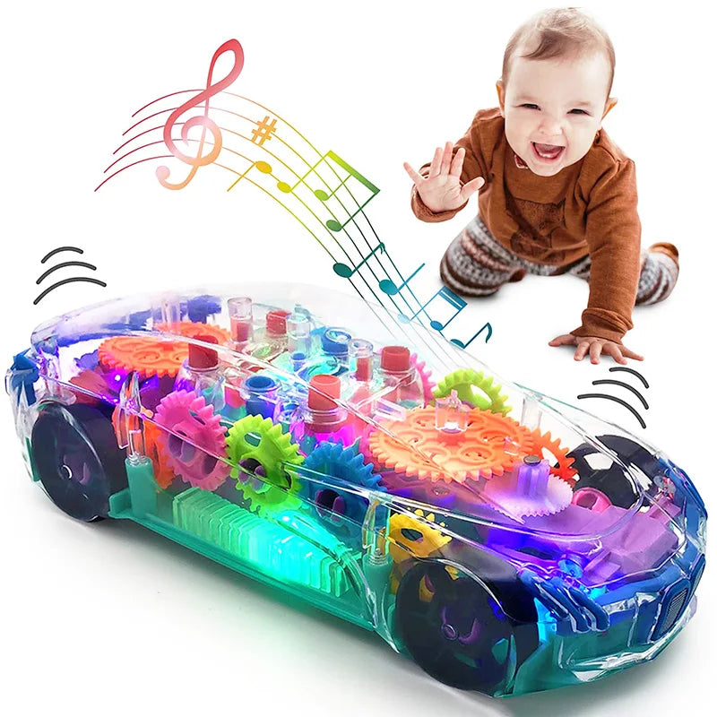 Transparent Gear Car with Lights and Music, Sensory development, Battery operated, Safe For Ages 6 month+