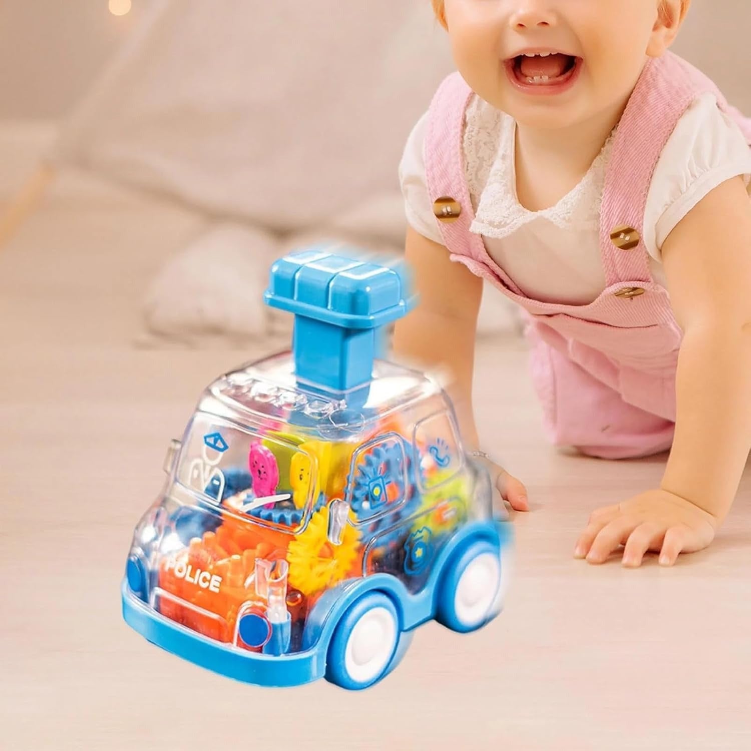 Transparent Gear Car with Push-Button Action, Hand-Eye Coordination Boost, No Batteries Needed, Safe for Ages 3+
