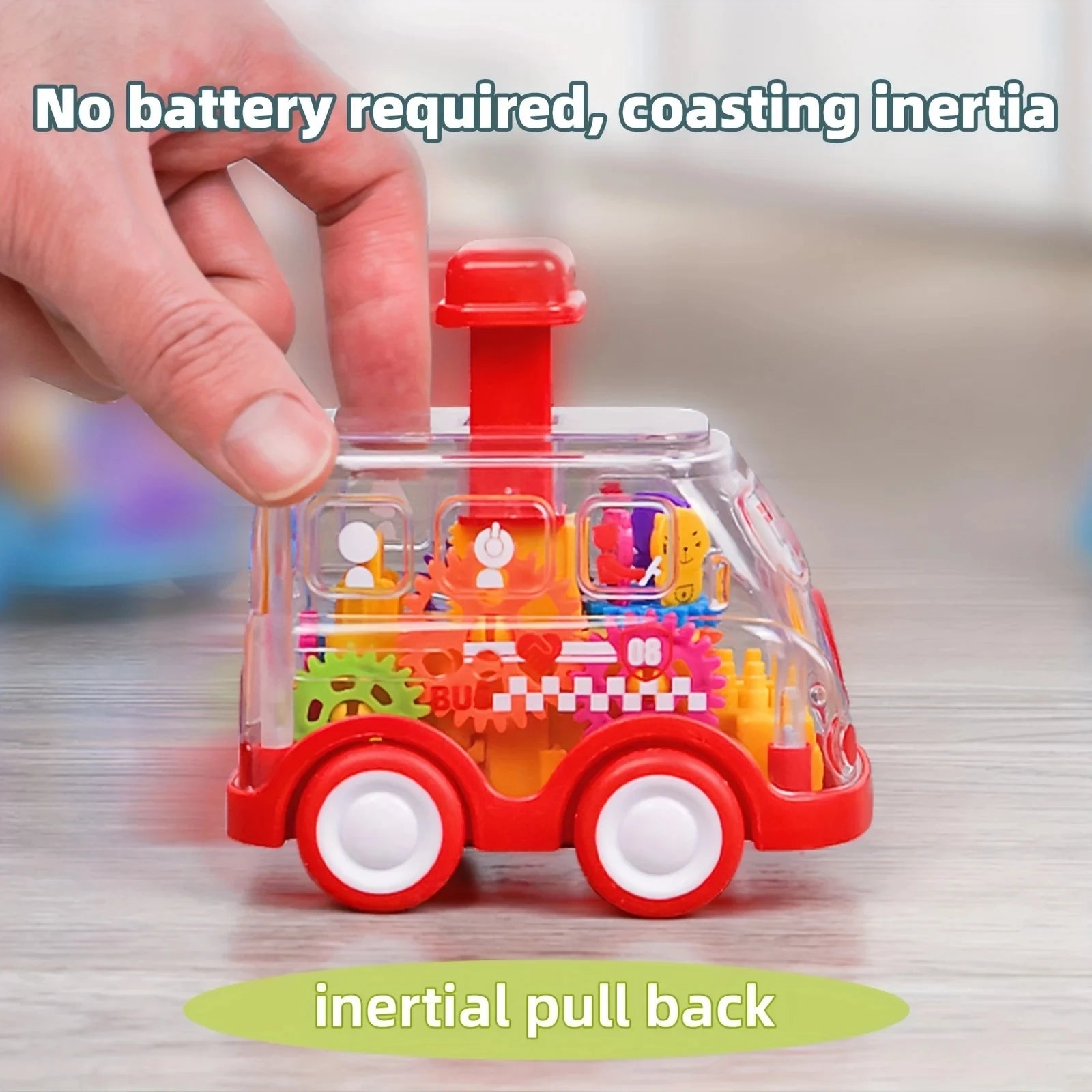 Transparent Gear Car with Push-Button Action, Hand-Eye Coordination Boost, No Batteries Needed, Safe for Ages 3+