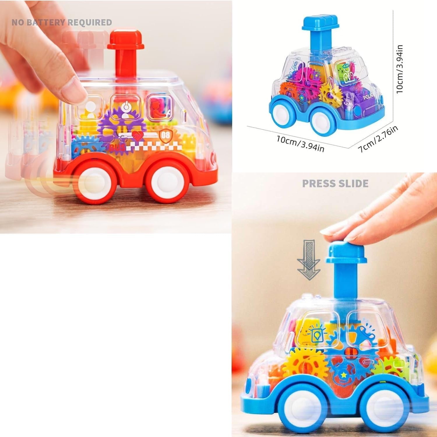 Transparent Gear Car with Push-Button Action, Hand-Eye Coordination Boost, No Batteries Needed, Safe for Ages 3+