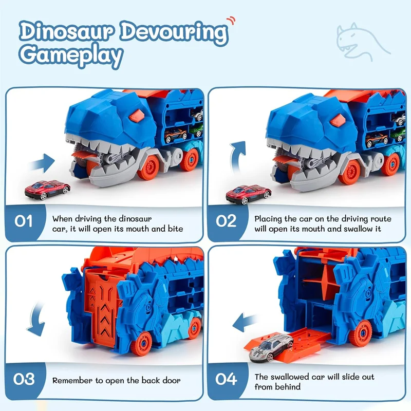Transport Dinosaur Car Play Truck - 25-Inch Race Track, Transforms Standing T-Rex – Safe for Ages 3+