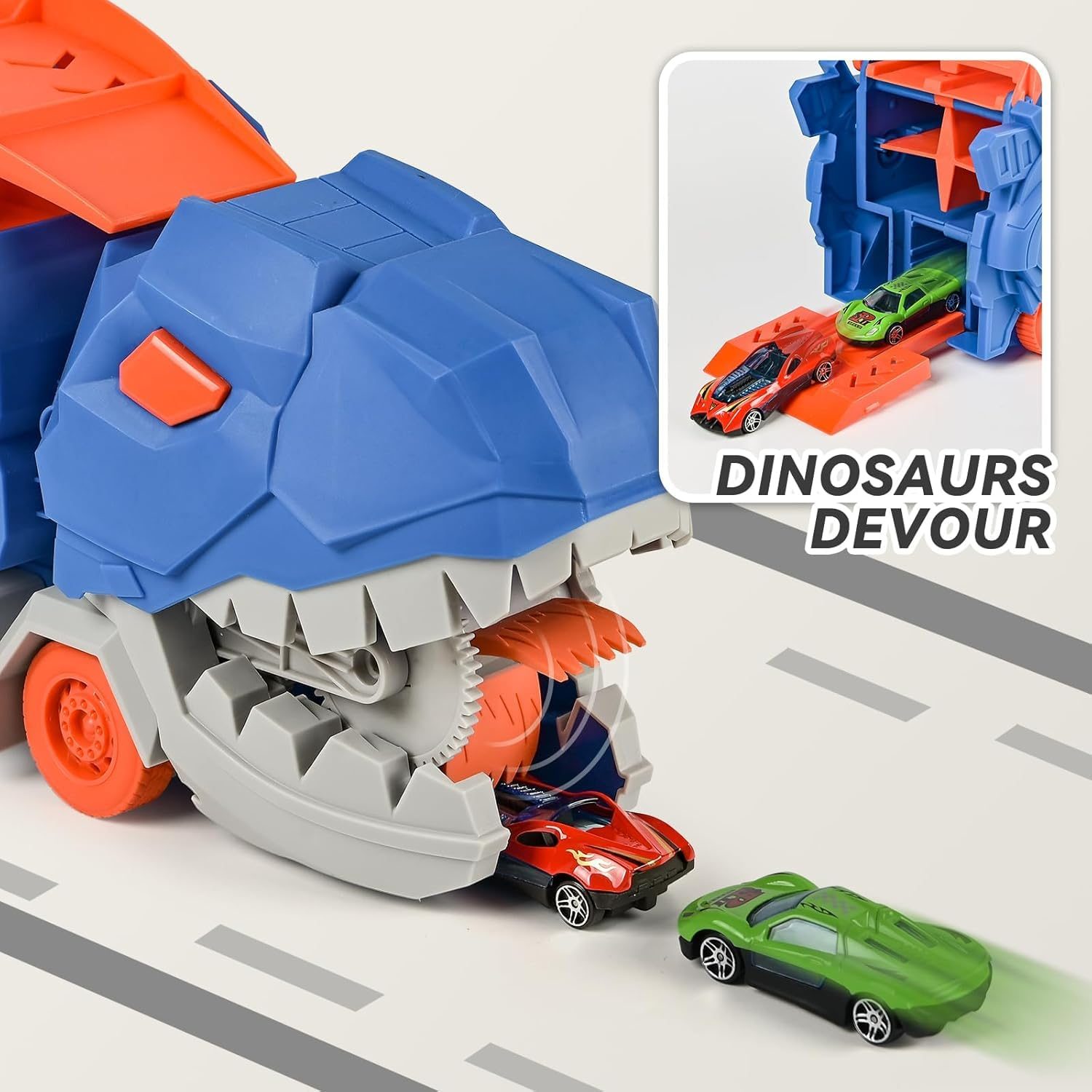 Transport Dinosaur Car Play Truck - 25-Inch Race Track, Transforms Standing T-Rex – Safe for Ages 3+