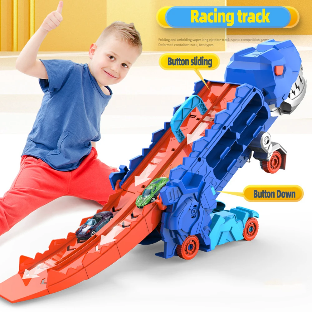 Transport Dinosaur Car Play Truck - 25-Inch Race Track, Transforms Standing T-Rex – Safe for Ages 3+